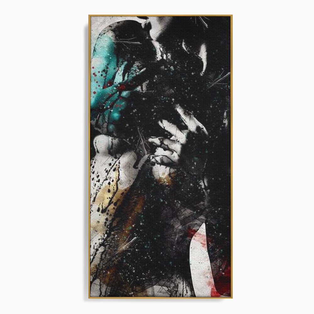 Tablou canvas cu tablou canvas cu silueta feminina si culori abstracte, in rama de aluminiu auriu
